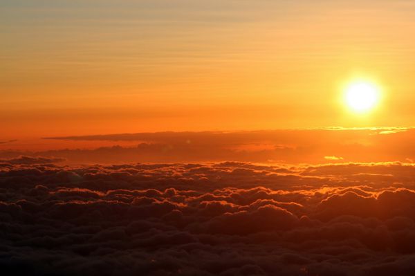 غروب خورشید بر فراز ابرها در ارتفاع 14000 فوتی در Mauna Kea هاوایی