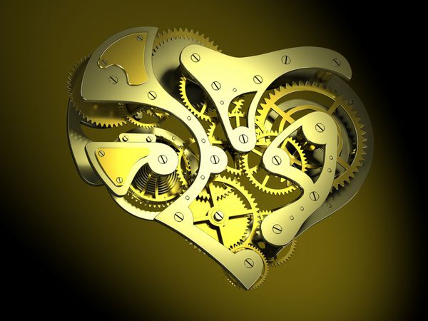 مفهوم سه بعدی مکانیسم ساعت به شکل قلب بر روی پس زمینه تاریک جدا شده