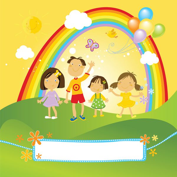 گروهی از کودکان شاد در پارک با رنگین کمان ابرها و چمن سبز و یک برچسب خوب برای متن شما