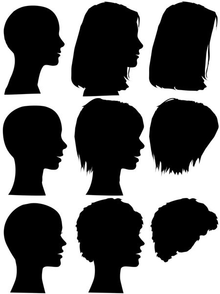 3 سیلوئت نیمرخ زنانه مدل موی سالن زیبایی موهای بلند موهای کوتاه موهای مجعد عناصر تطبیق را با هم ترکیب کنید هر کدام در یک مسیر برش
