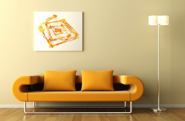 فضای داخلی مینیمال در رنگ نارنجی با چراغ نیمکت و تصویر انتزاعی