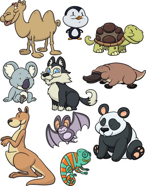 ده حیوان کارتونی بامزه همه در لایه های مختلف برای ویرایش آسان