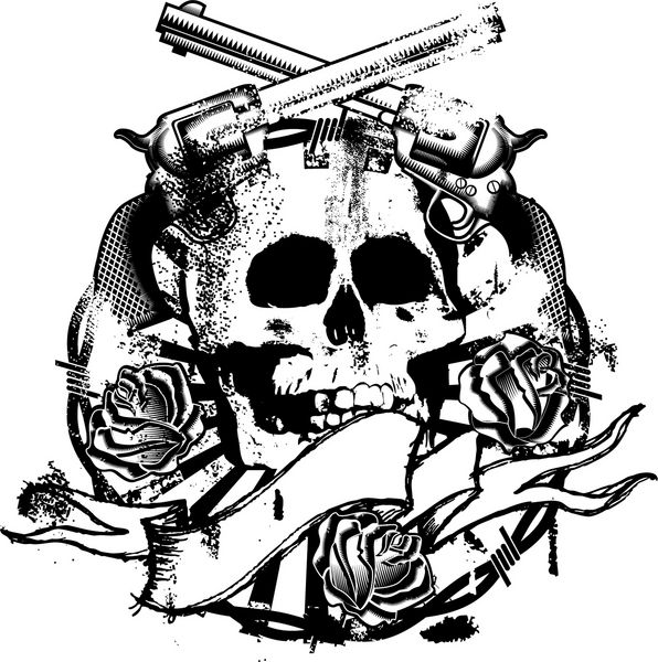 نشان جمجمه با تفنگ گل رز و روبان