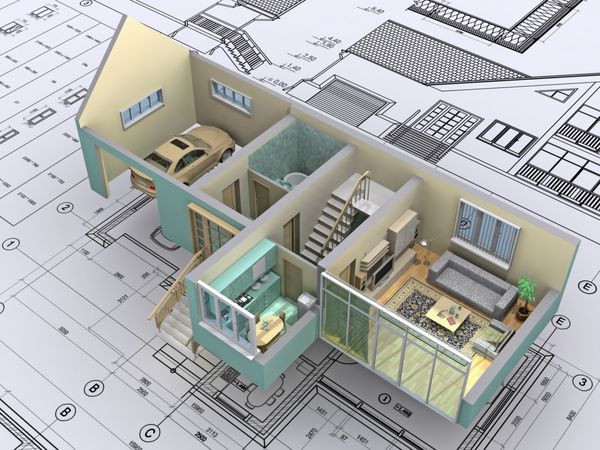 نمای ایزومتریک سه بعدی خانه مسکونی برش خورده بر روی نقشه معمار تصویر پس زمینه مال من است
