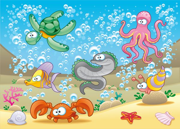 خانواده جانوران دریایی در دریا کارتون خنده دار و وکتور