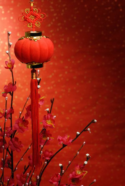 دکوراسیون سال نو چینی - فانوس قرمز و بید Siverbud در زمینه جشن