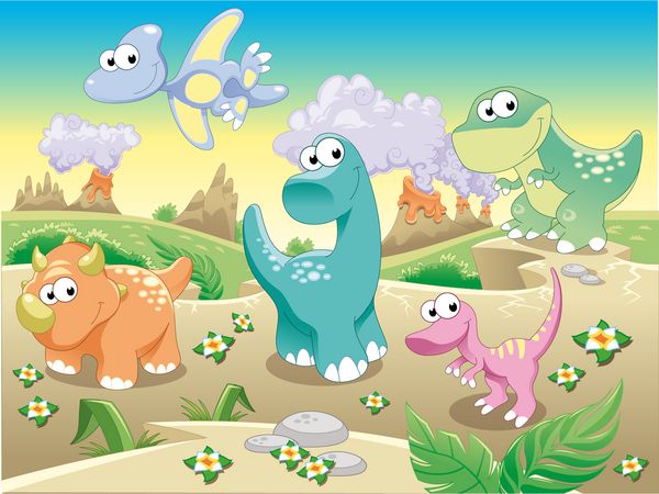 خانواده دایناسورها با پس زمینه کارتون خنده دار و وکتور اشیاء جدا شده