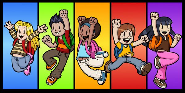 پنج بچه کارتونی جالب در حال پریدن همه کاراکترها و پس زمینه در لایه های جداگانه برای ویرایش آسان