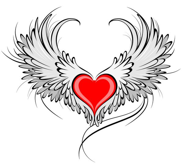 قلب قرمز با بال های فرشته خاکستری نقاشی شده و با خطوط صاف سیاه تزئین شده است