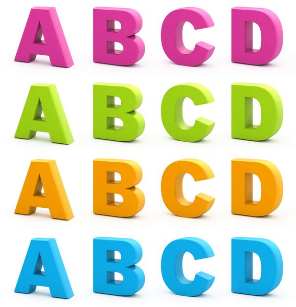 الفبای رنگارنگ مجموعه ای از حروف سه بعدی جدا شده روی سفید قسمت 1 از 6