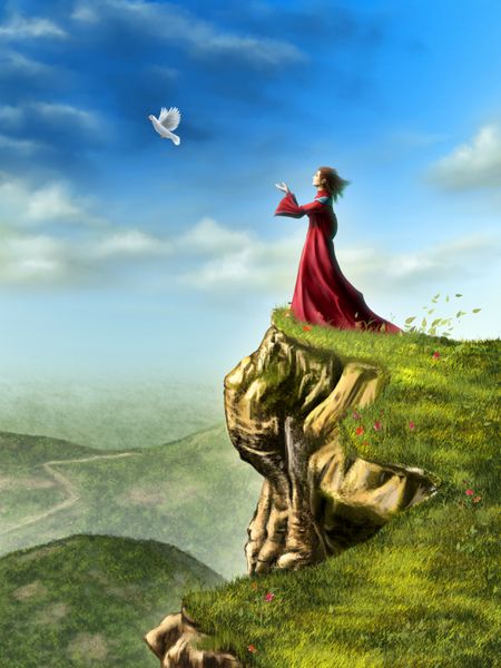 یک کبوتر توسط زنی که روی صخره ایستاده آزاد می شود تا پرواز کند تصویرسازی دیجیتال