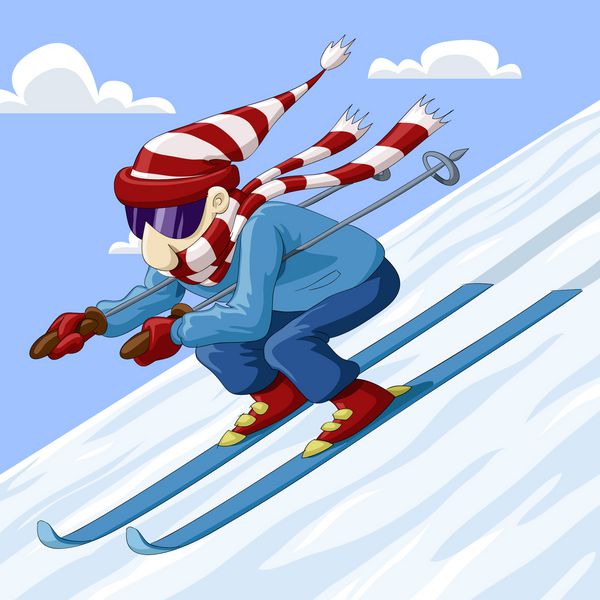 مردی با اسکی از کوه پایین می آید