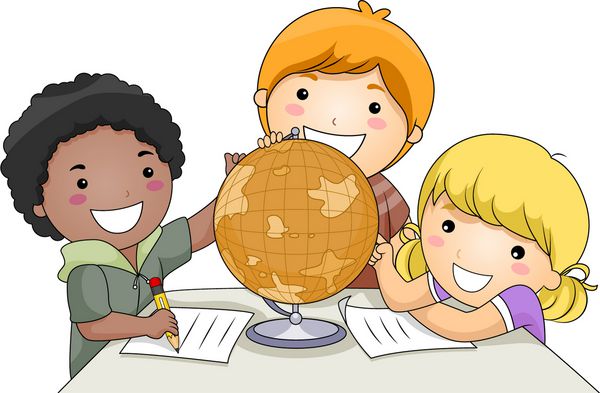 گروه کوچکی از کودکان در حال مطالعه یک کره زمین - وکتور