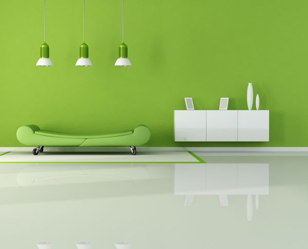 اتاق نشیمن سبز با کاناپه مد روی چرخ - رندر
