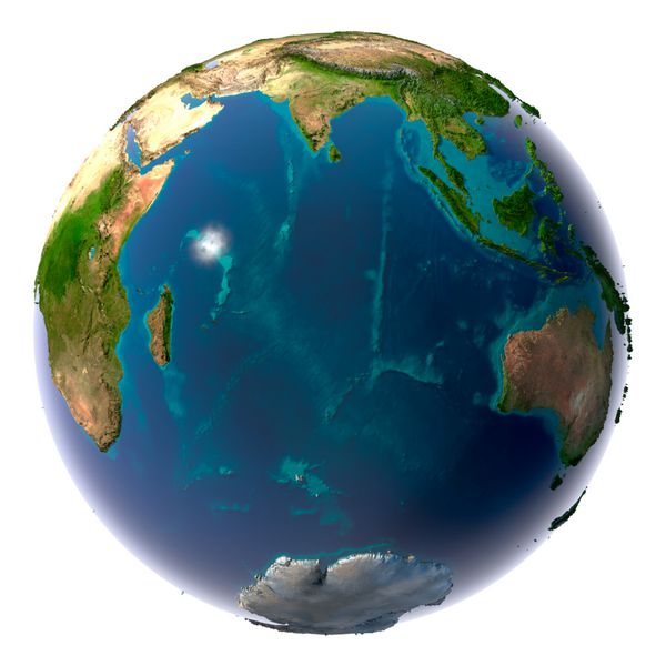 زمین با آب شفاف در اقیانوس ها و توپوگرافی دقیق قاره ها اقیانوس هند