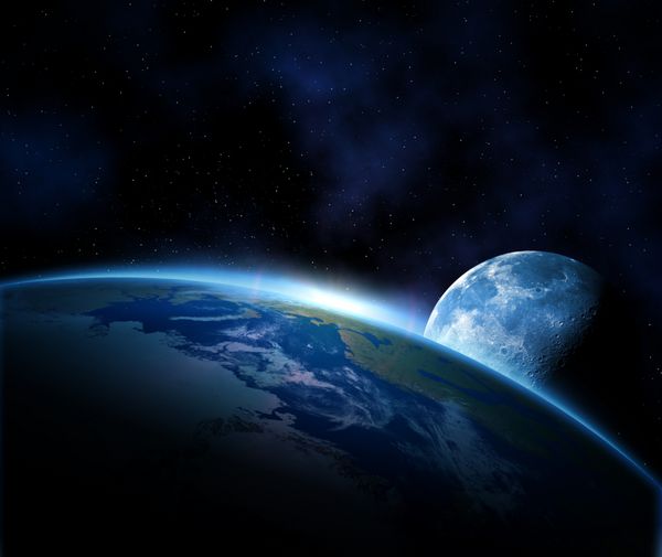 سیاره زمین با طلوع خورشید و ماه در فضا
