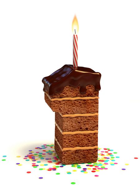 کیک تولد شکلاتی شماره یک با شمع روشن و کنفتی