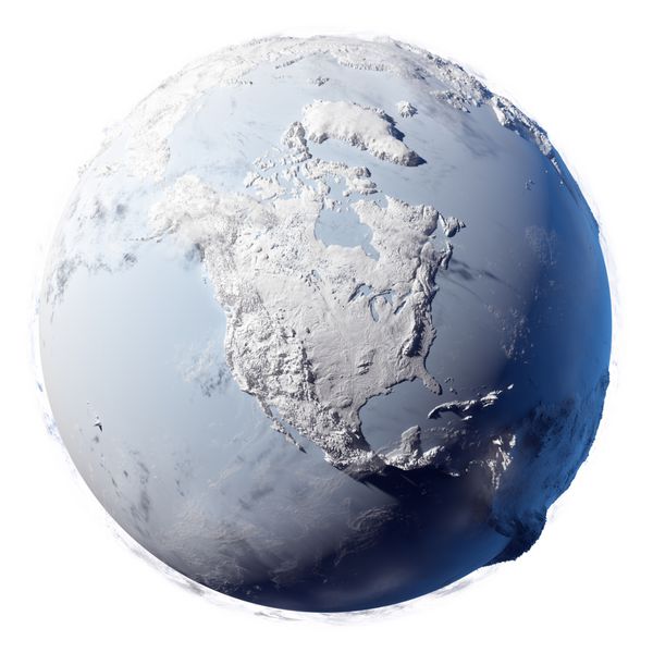 سیاره زمستانی زمین - پوشیده از برف و سیاره یخی با زمین دقیق واقعی سایه های نرم و ابرهای حجمی در پس زمینه سفید