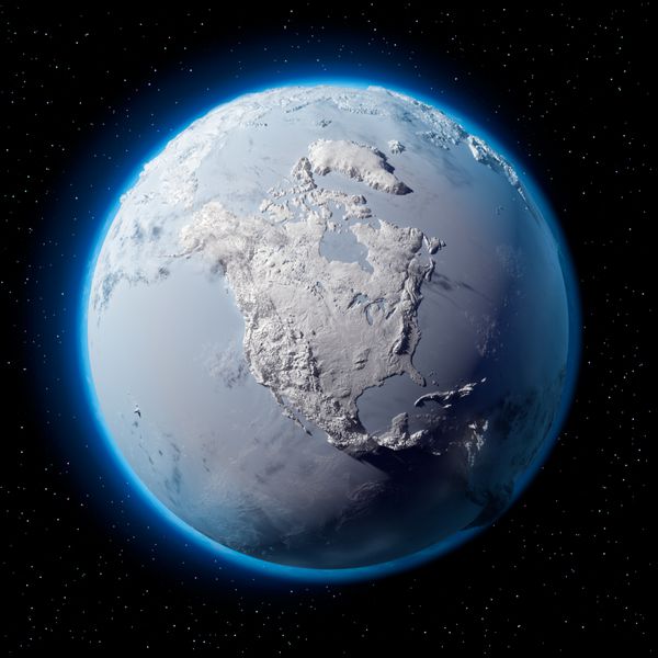 سیاره زمستانی زمین - پوشیده از برف و سیاره یخی با زمین دقیق واقعی سایه های نرم و ابرهای حجمی در فضا در برابر یک آسمان پرستاره