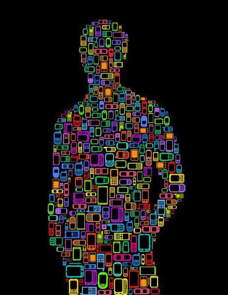 شبح انسان ساخته شده با تلفن های همراه و تلفن های هوشمند در پس زمینه سیاه