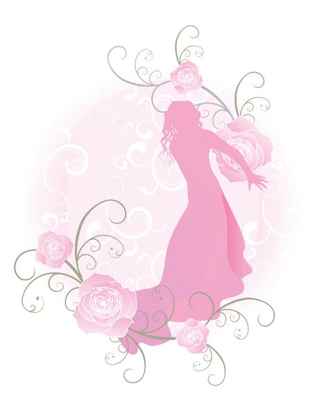 وکتور از سیلوئت دختر زیبا در لباس شب صورتی و قاب دکور گل رز به سبک وینتیج