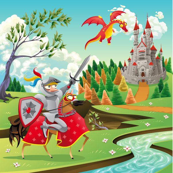 پانوراما با قلعه قرون وسطایی اژدها و شوالیه کارتون و وکتور