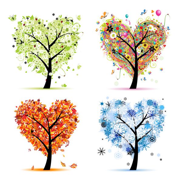 چهار فصل - بهار تابستان پاییز زمستان شکل قلب درخت هنری برای طرح شما