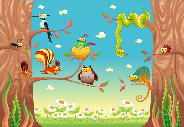 حیوانات خنده دار روی شاخه ها صحنه کارتونی و وکتور اشیاء جدا شده