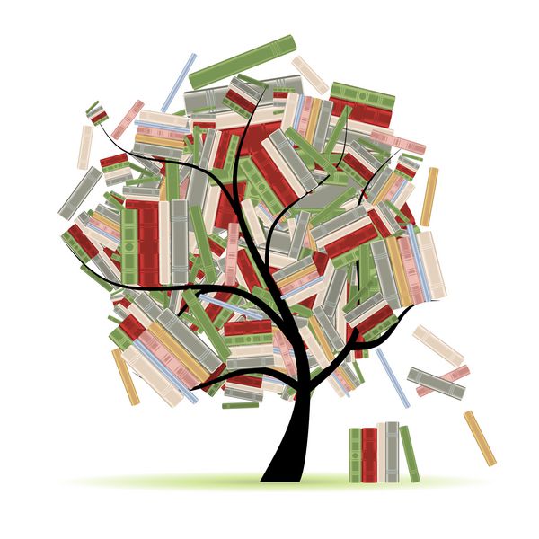 کتابخانه کتاب روی شاخه های درخت برای طراحی شما