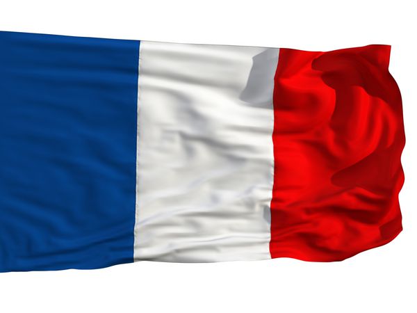 پرچم فرانسه در باد به اهتزاز درآمد دوخته شده از تکه های پارچه پرچم هایی با جزئیات بسیار واقعی که در باد به اهتزاز در می آیند با بافت مواد جدا شده روی پس زمینه سفید