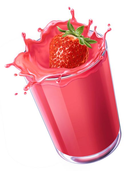 رندر 3 بعدی از پاشیدن توت فرنگی در یک مایع قرمز خامه ای در یک لیوان