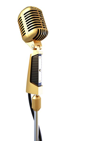 میکروفون حرفه ای قدیمی طلایی جدا شده روی سفید