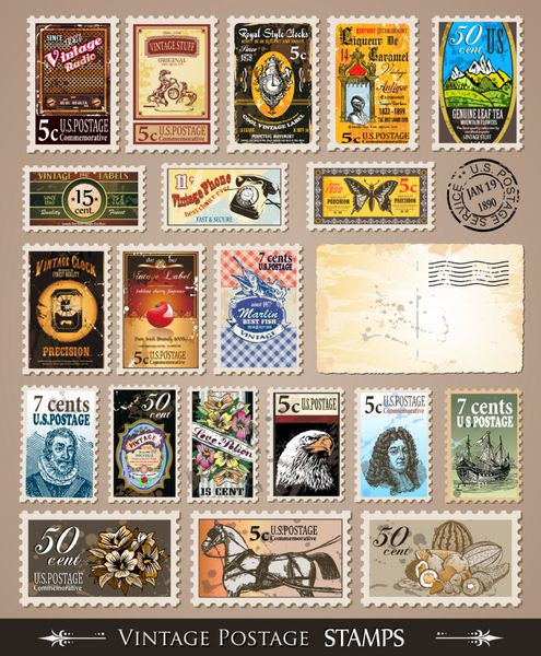 مجموعه تمبرهای پستی قدیمی با موضوعات و قیمت های مختلف کارت پستال های مضطرب خالی و تمبرهای لاستیکی گنجانده شده است