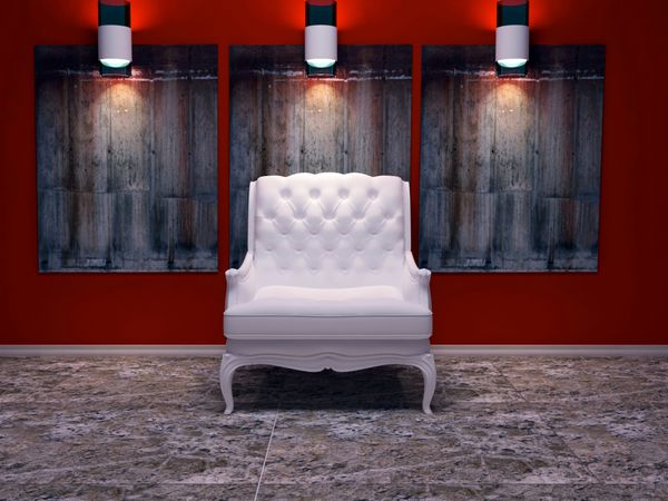 طراحی داخلی مدرن ترکیب بندی زیبا با لامپ صندلی کلاسیک سفید دکور کف و دیوار سنگی رندر سه بعدی