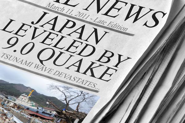 عناوین روزنامه‌های جدید ژاپن را در سطح زمین لرزه 9 0 نشان می‌دهد - تصویر شامل مالکیت عمومی عکس نیروی دریایی ایالات متحده توسط متیو ام بردلی متخصص ارتباطات جمعی کلاس 1