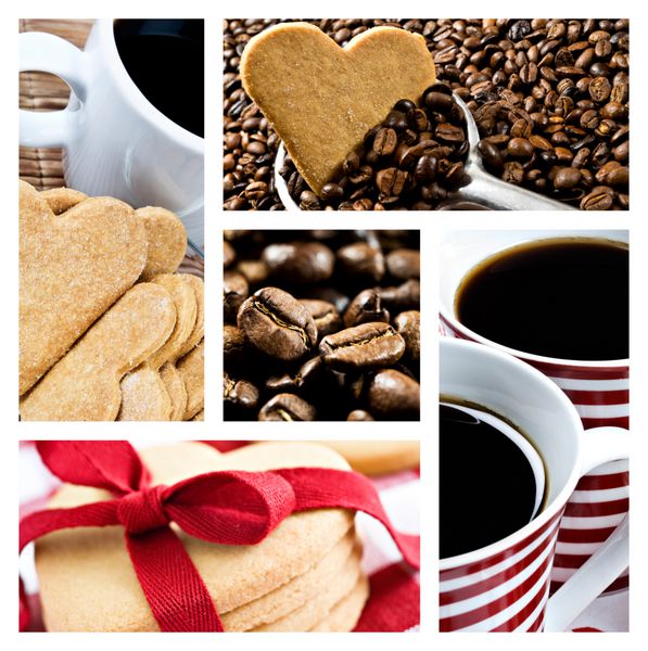 کلاژ قهوه و کوکی های قلبی شکل