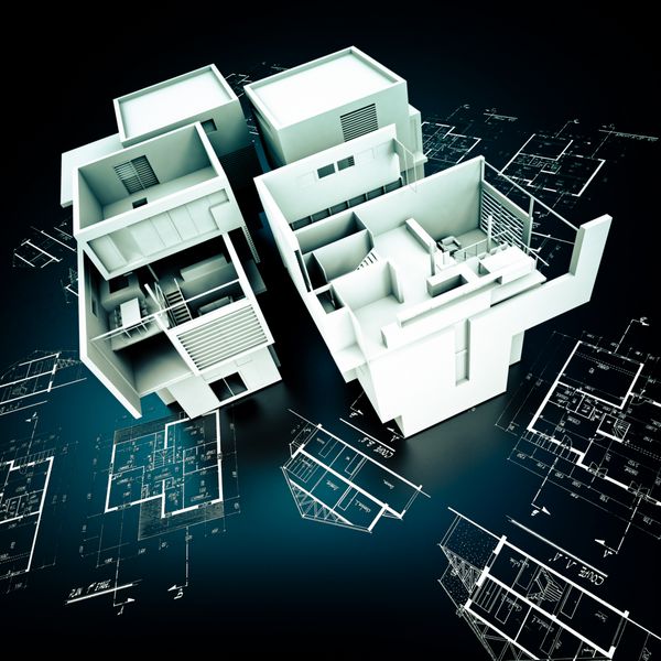 رندر سه بعدی یک ساختمان با طراحی مدرن در بالای نقشه های سفید و سیاه