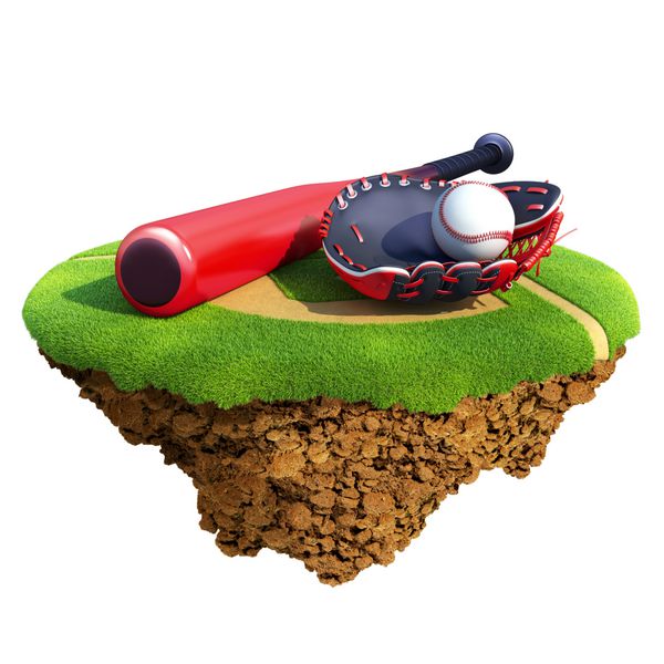چوب بیسبال دستکش دستکش شکارچی و توپ بر اساس سیاره کوچک مفهومی برای طراحی تیم بیسبال یا مسابقه جزیره کوچک