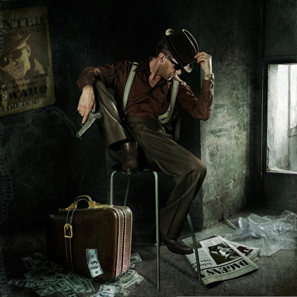 گانگستر تنها با تفنگ و چمدان پر از پول عکس هنری به سبک اصلی