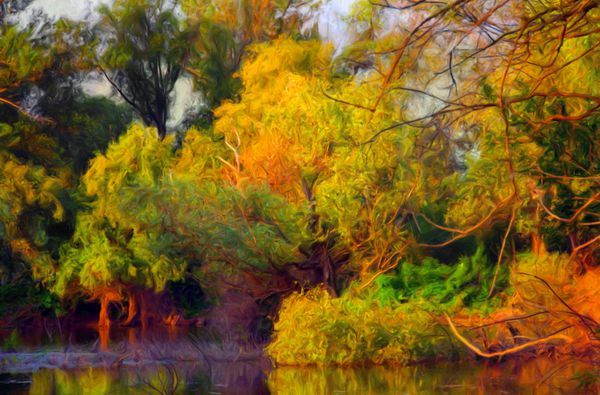 نقاشی منظره ای که جنگل رنگارنگ و رودخانه را در روز زیبای پاییزی نشان می دهد