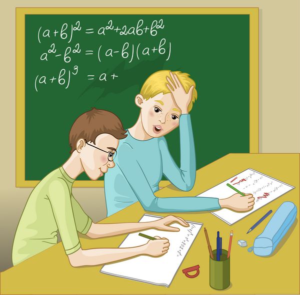 دو نوجوان در یک کلاس درس در حال حل تمرین های ریاضی