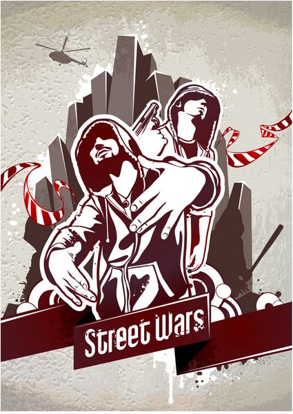 پوستر گرانی با دو گانگستر در جلو و عناصر شهری در پشت وکتور