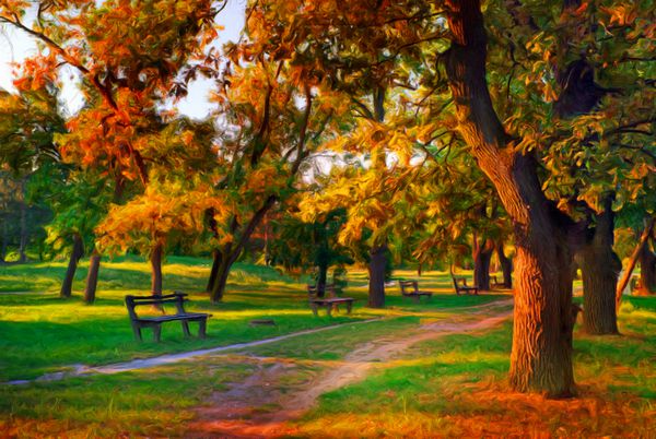 نقاشی منظره که رنگ های زیبای پاییزی را در پارک نشان می دهد