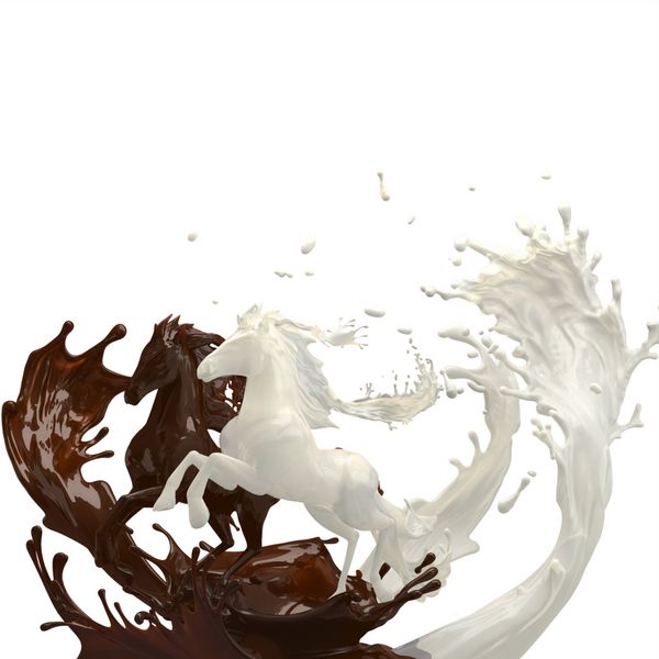 اسب‌های مایع شکلاتی خامه‌ای شیری و مایل به قهوه‌ای داغ در حال تاختن با پاشیده‌های قهوه‌ای و سفید جدا شده
