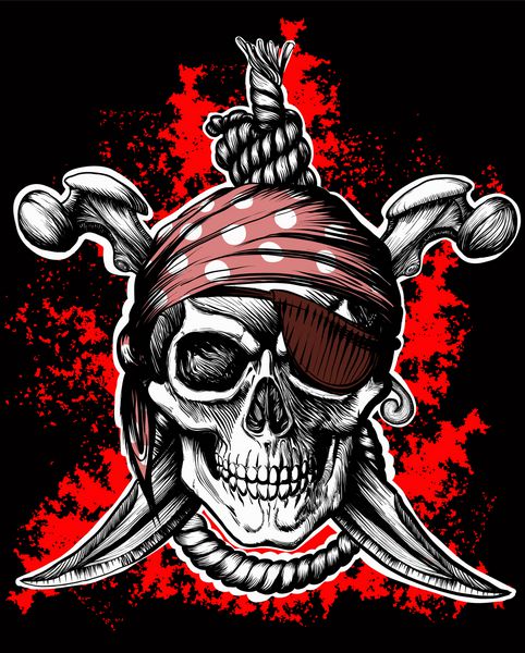 جولی راجر نماد دزدان دریایی با خنجرهای ضربدری و طناب در زمینه سیاه و قرمز