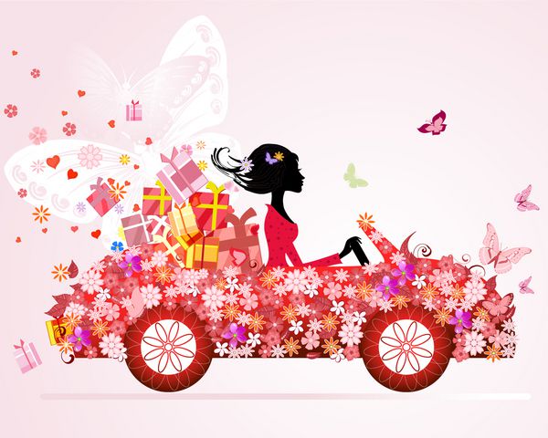 دختری سوار بر ماشین قرمز با هدایای گلدار