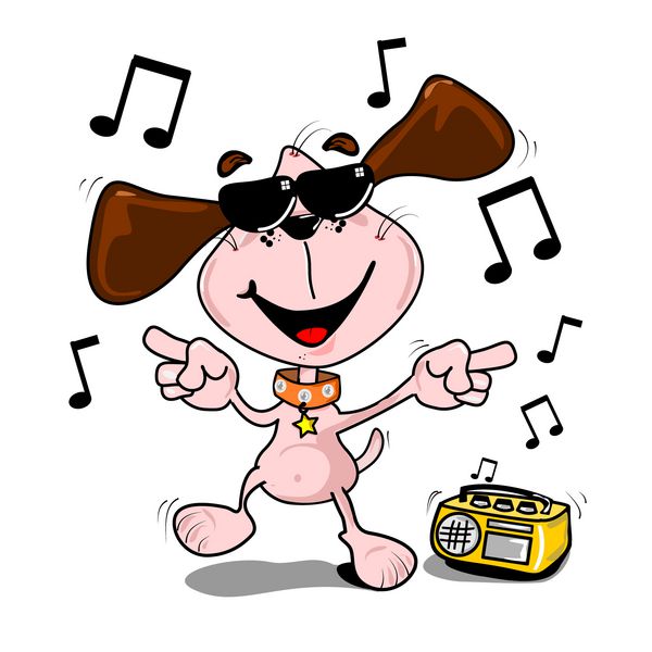 سگ کارتونی با عینک آفتابی که با موسیقی از رادیو می رقصد