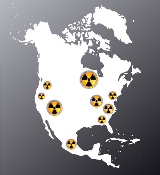 نقشه آمریکای شمالی که نشانه هایی از تشعشعات را نشان می دهد جایی که بزرگترین نیروگاه های هسته ای هستند