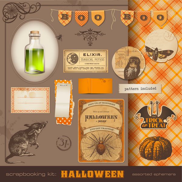 کیت scrapbooking هالووین - بسیاری از عناصر قدیمی قدیمی و طراحی زیبا برای پروژه های شما