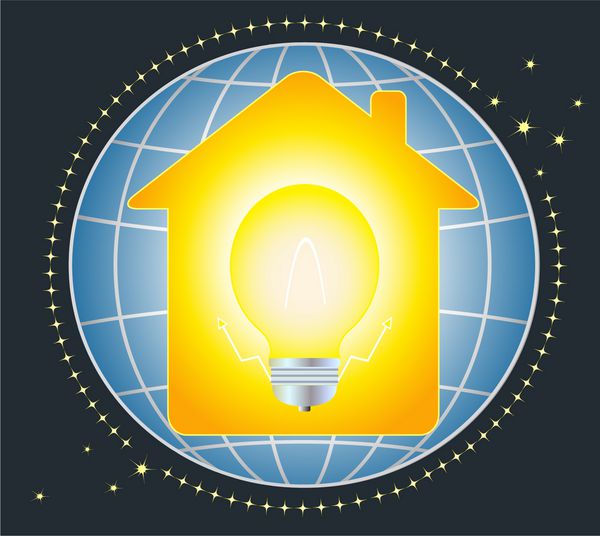 نماد برق به خانه و لامپ در سیاره